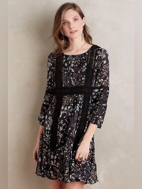 Anthropologie Moulinette Soeurs Lily Peasant Dress Black Lace Floral 6 No Slip